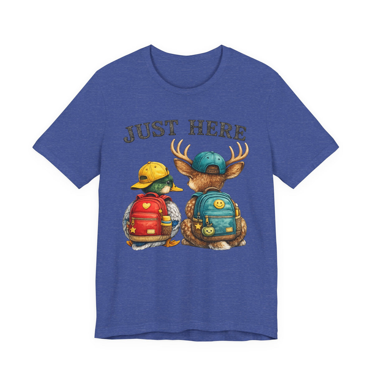 Just Here Kids Backpack Tee — Cute Moose & Duck Friendship T‑Shirt