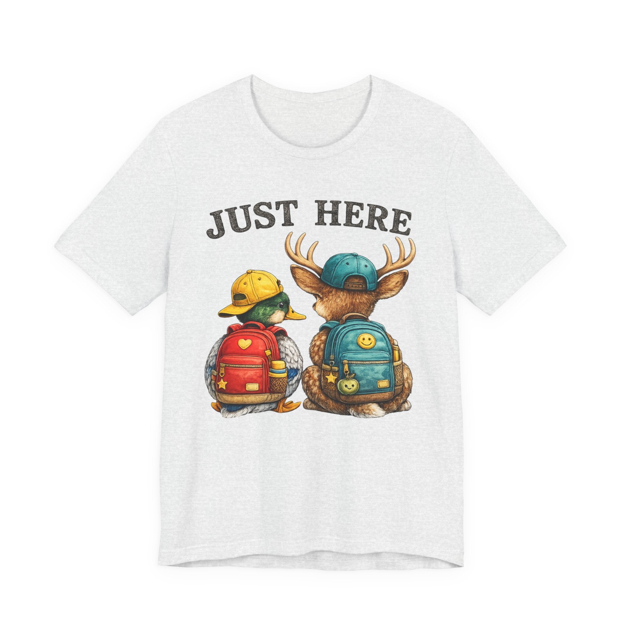 Just Here Kids Backpack Tee — Cute Moose & Duck Friendship T‑Shirt