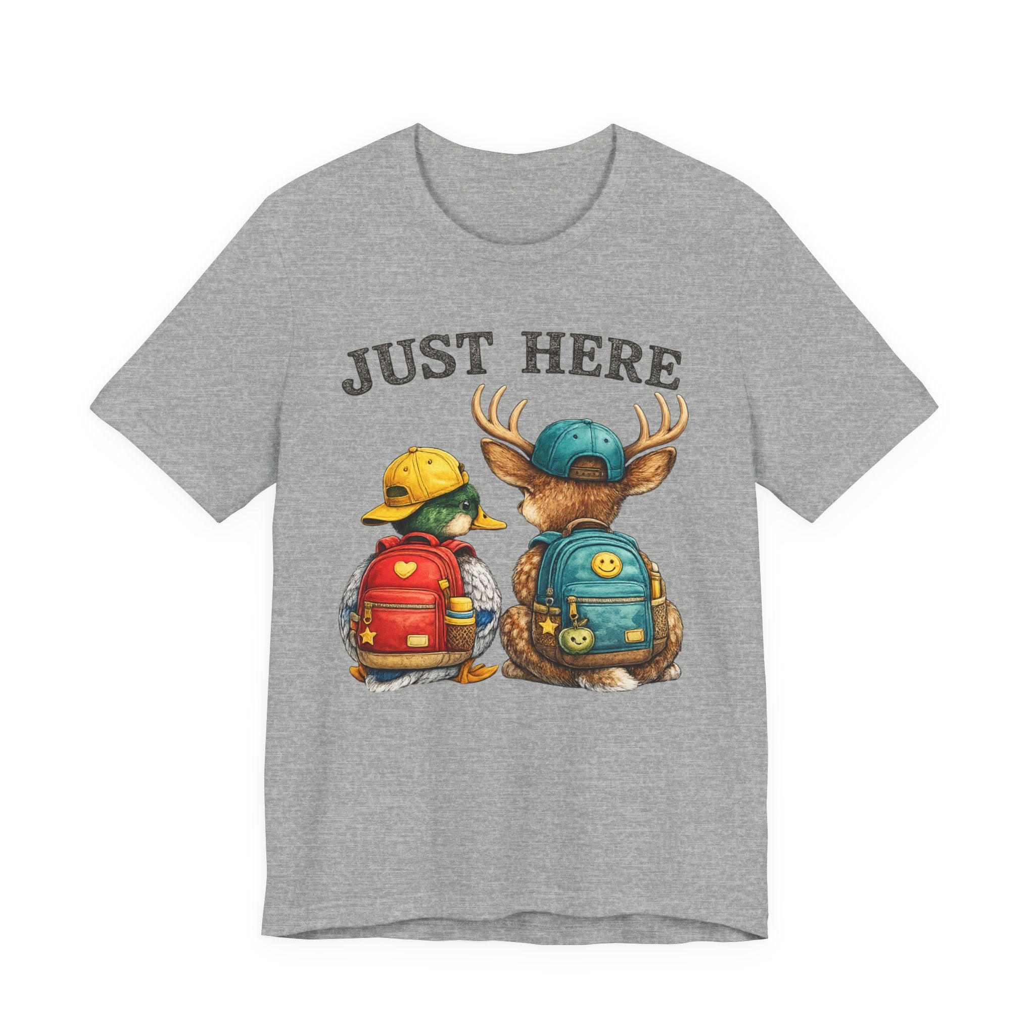 Just Here Kids Backpack Tee — Cute Moose & Duck Friendship T‑Shirt