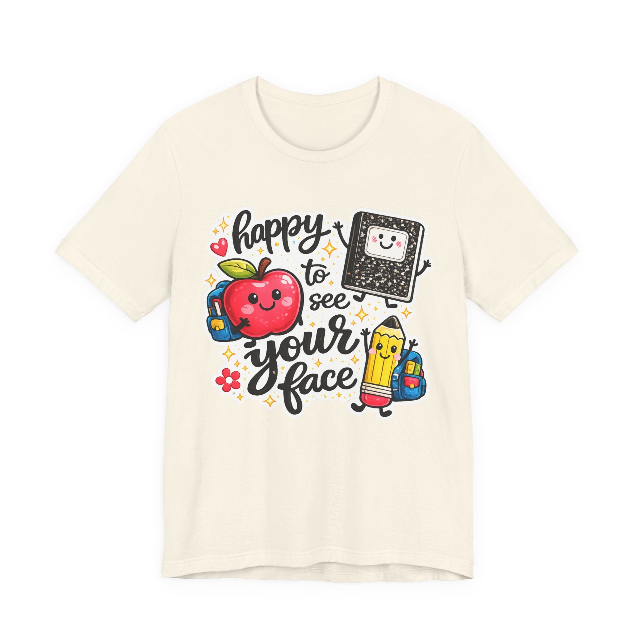 Happy to See Your Face Teacher T-Shirt — Cute School Apple & Pencil Back-to-School Tee