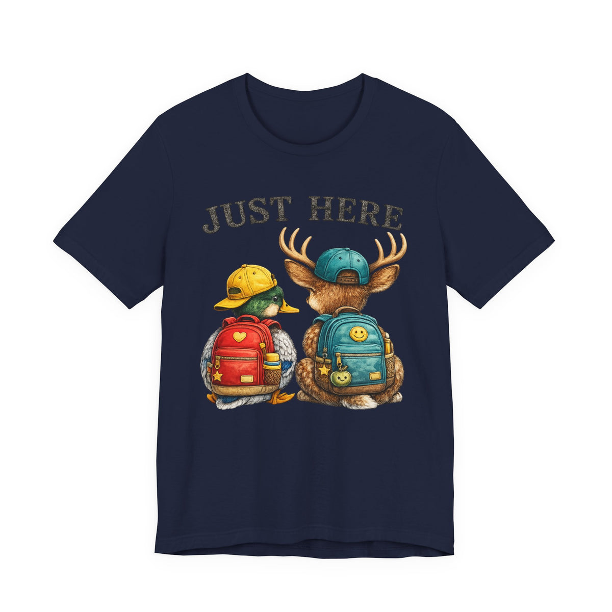 Just Here Kids Backpack Tee — Cute Moose & Duck Friendship T‑Shirt