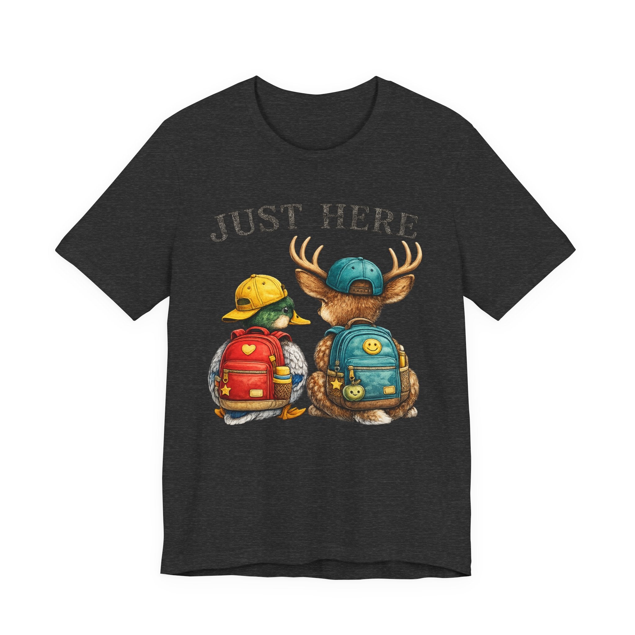 Just Here Kids Backpack Tee — Cute Moose & Duck Friendship T‑Shirt
