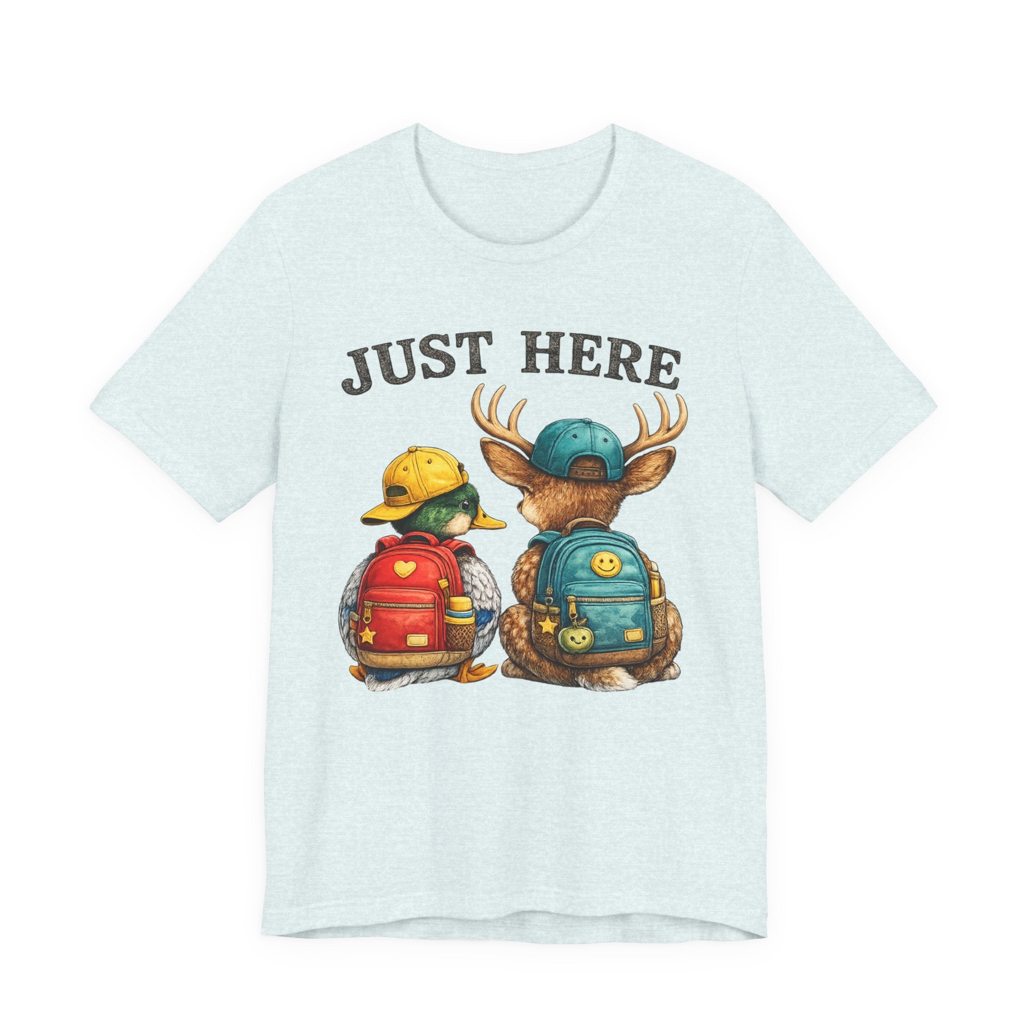 Just Here Kids Backpack Tee — Cute Moose & Duck Friendship T‑Shirt