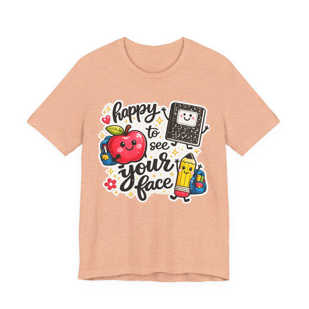 Happy to See Your Face Teacher T-Shirt — Cute School Apple & Pencil Back-to-School Tee