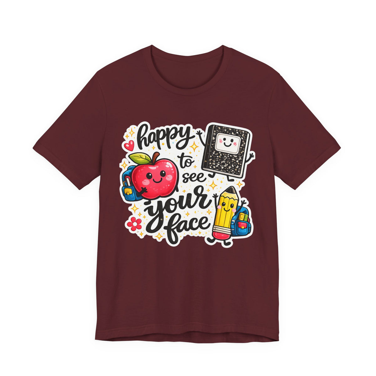 Happy to See Your Face Teacher T-Shirt — Cute School Apple & Pencil Back-to-School Tee