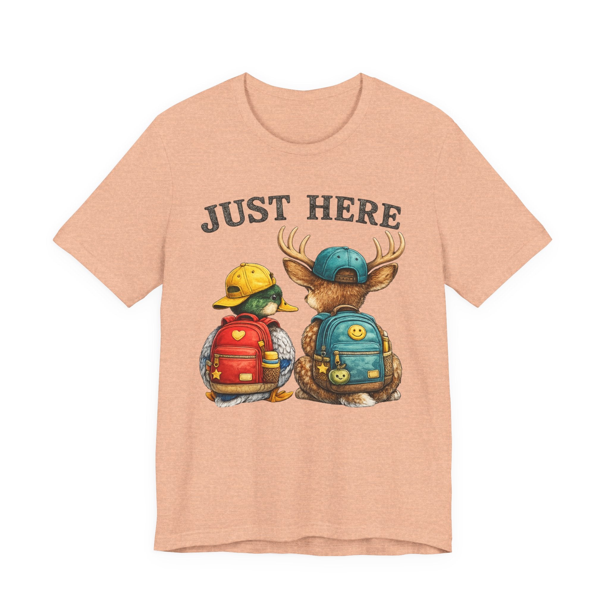 Just Here Kids Backpack Tee — Cute Moose & Duck Friendship T‑Shirt