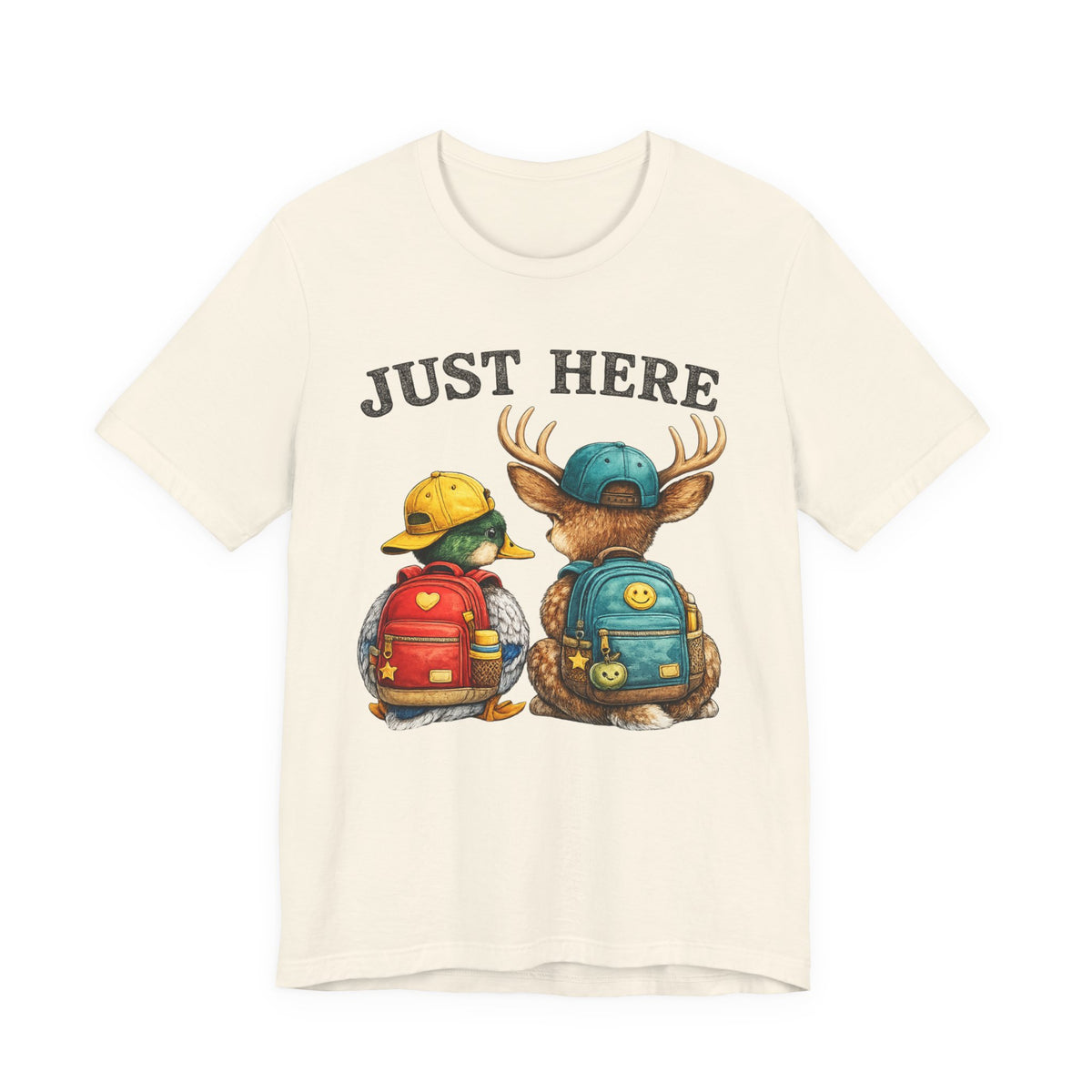 Just Here Kids Backpack Tee — Cute Moose & Duck Friendship T‑Shirt