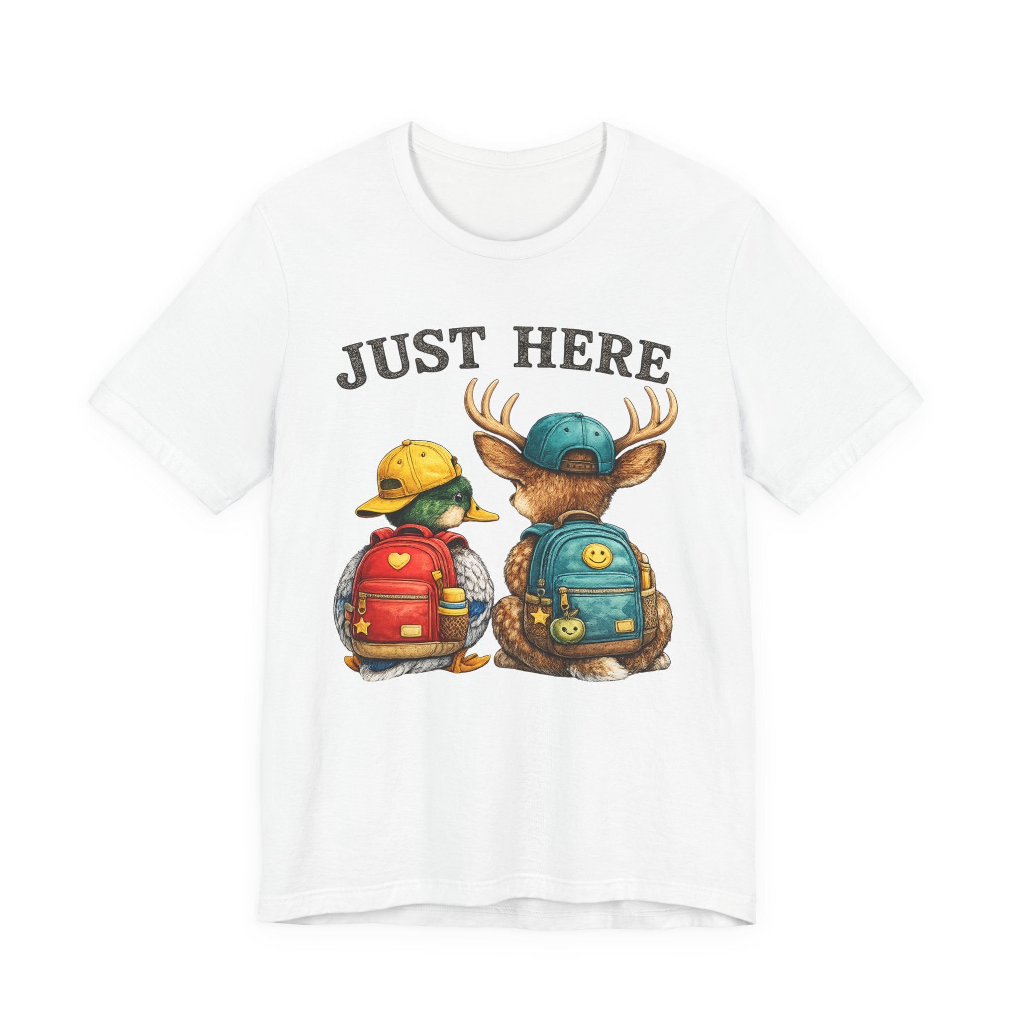 Just Here Kids Backpack Tee — Cute Moose & Duck Friendship T‑Shirt