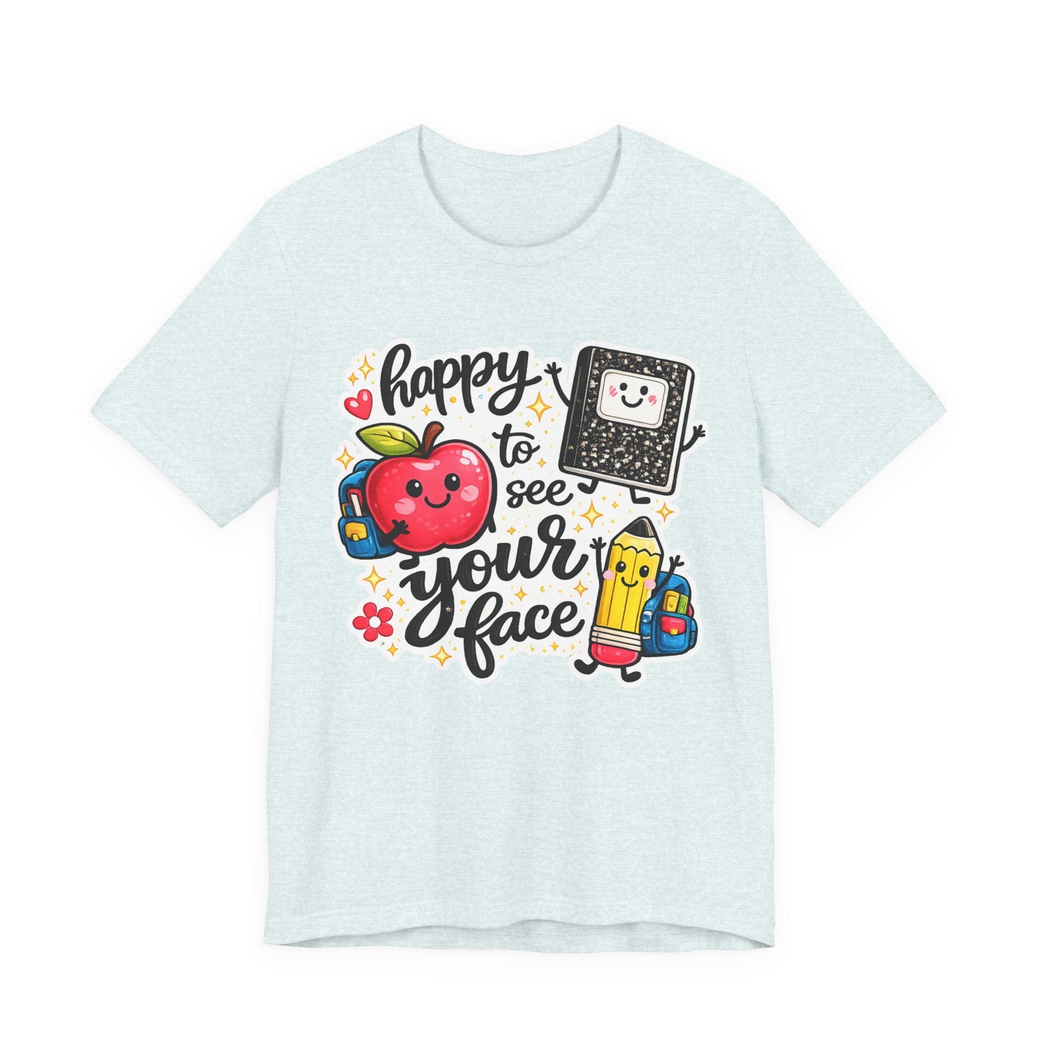Happy to See Your Face Teacher T-Shirt — Cute School Apple & Pencil Back-to-School Tee