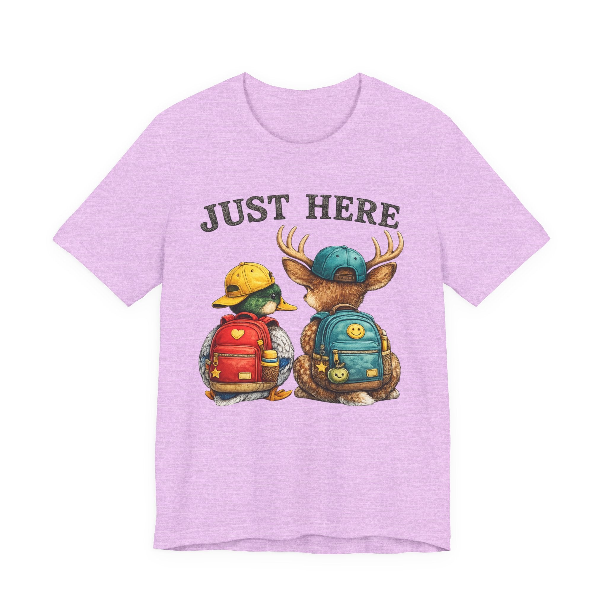 Just Here Kids Backpack Tee — Cute Moose & Duck Friendship T‑Shirt