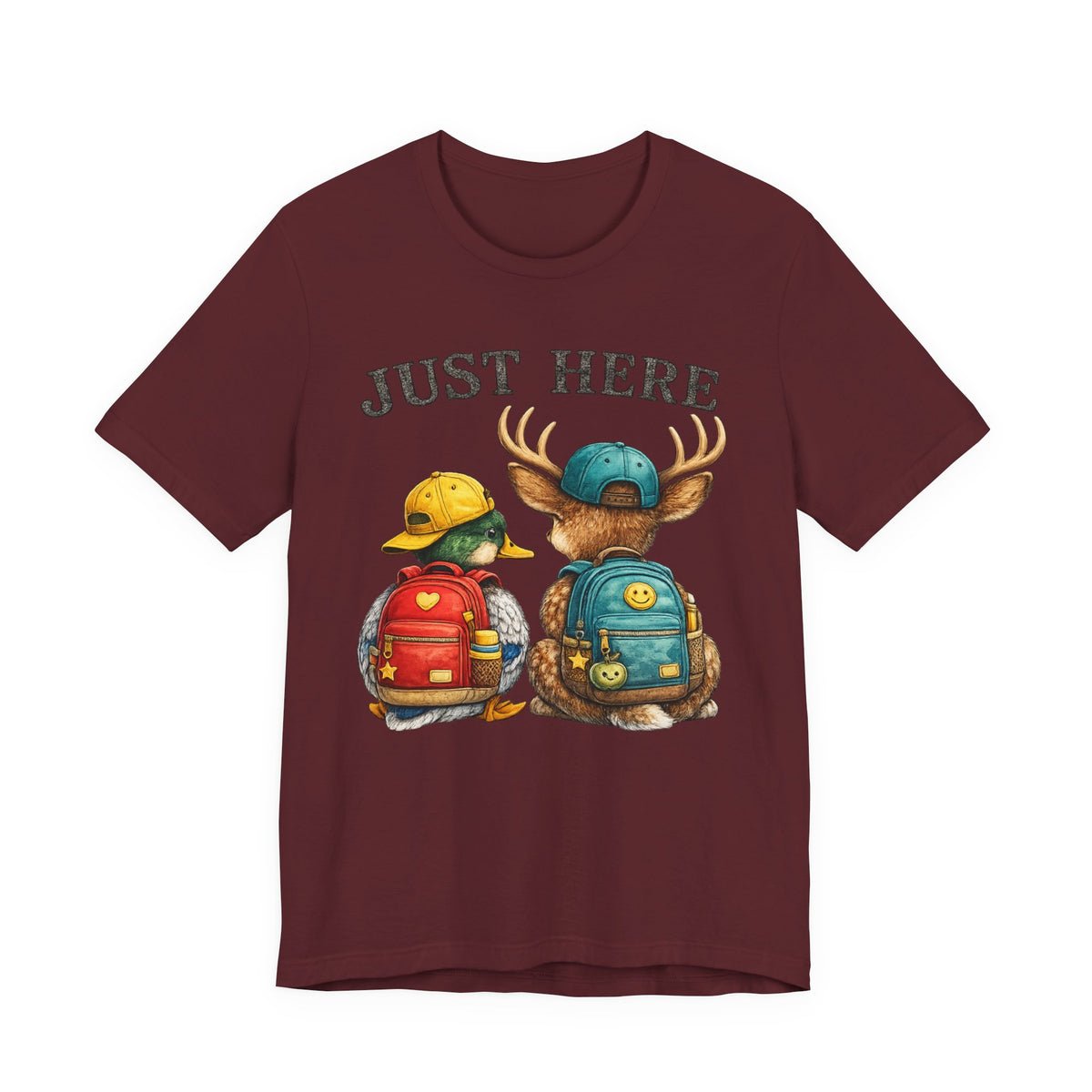 Just Here Kids Backpack Tee — Cute Moose & Duck Friendship T‑Shirt