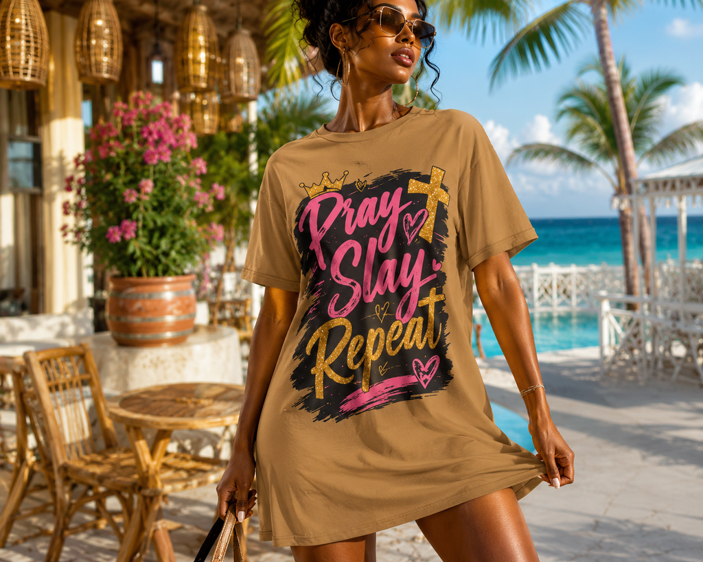 Pray Slay Repeat leopard print T-Shirt Dress | All-over print
