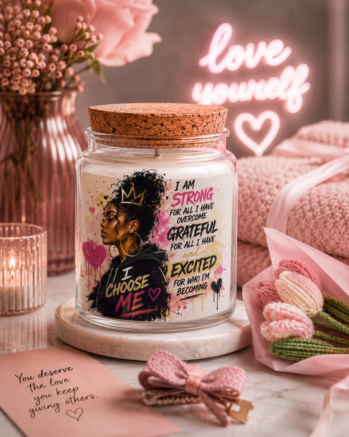 Blush & Bloom Gift Jar — 'I Choose Me' Self-Love Gift Set (Candle, Blanket, Crochet Bouquet & Bow)
