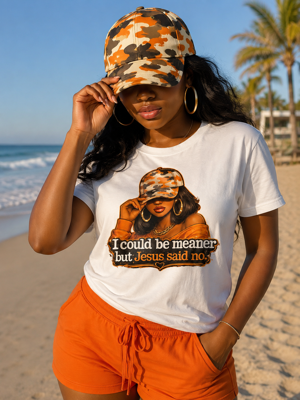 Graphic Tee — “I Could Be Meaner But Jesus Said No” Camouflage Hat Woman T‑Shirt