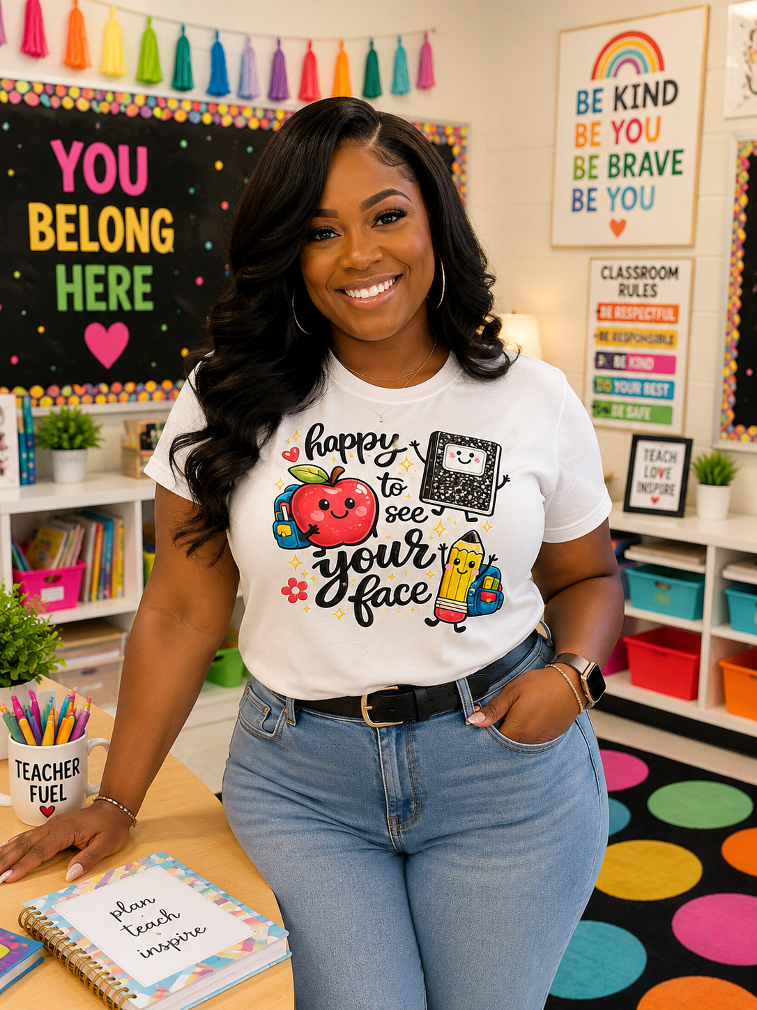 Happy to See Your Face Teacher T-Shirt — Cute School Apple & Pencil Back-to-School Tee