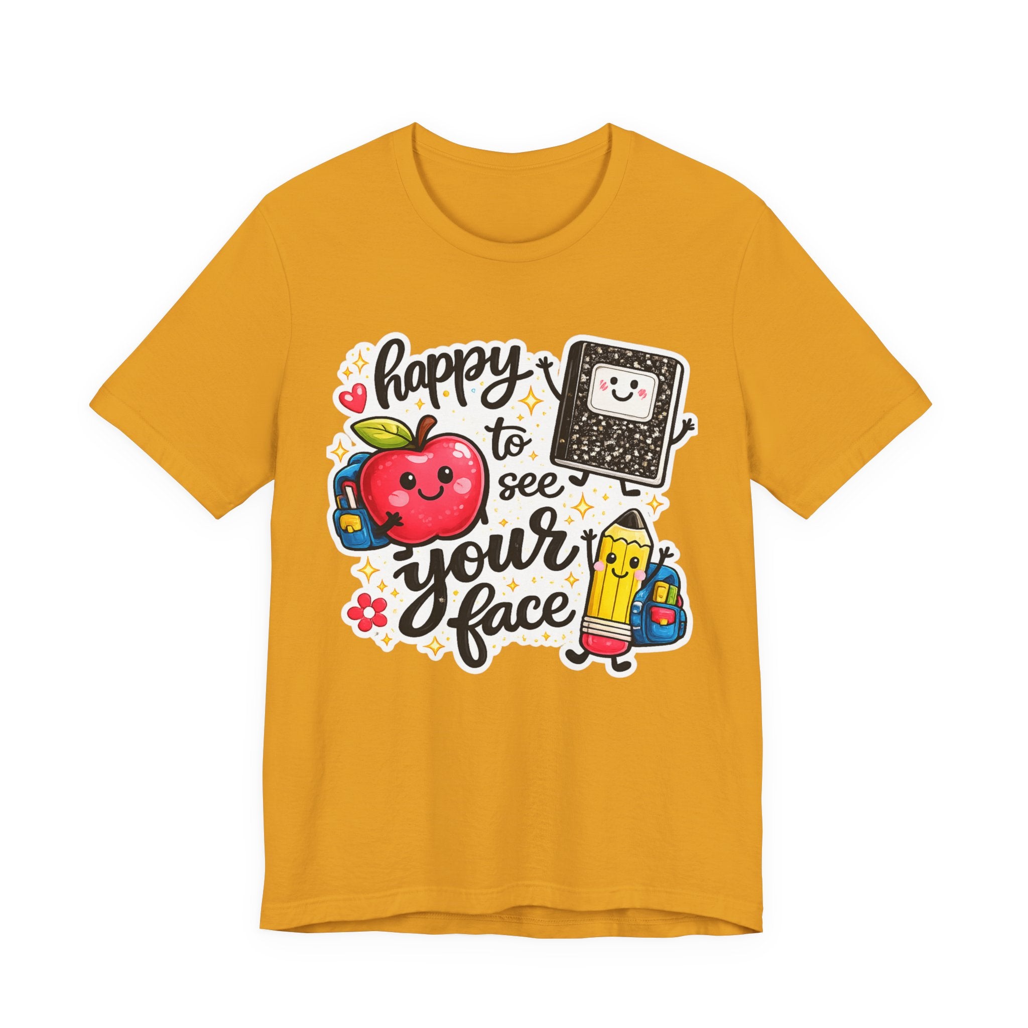 Happy to See Your Face Teacher T-Shirt — Cute School Apple & Pencil Back-to-School Tee
