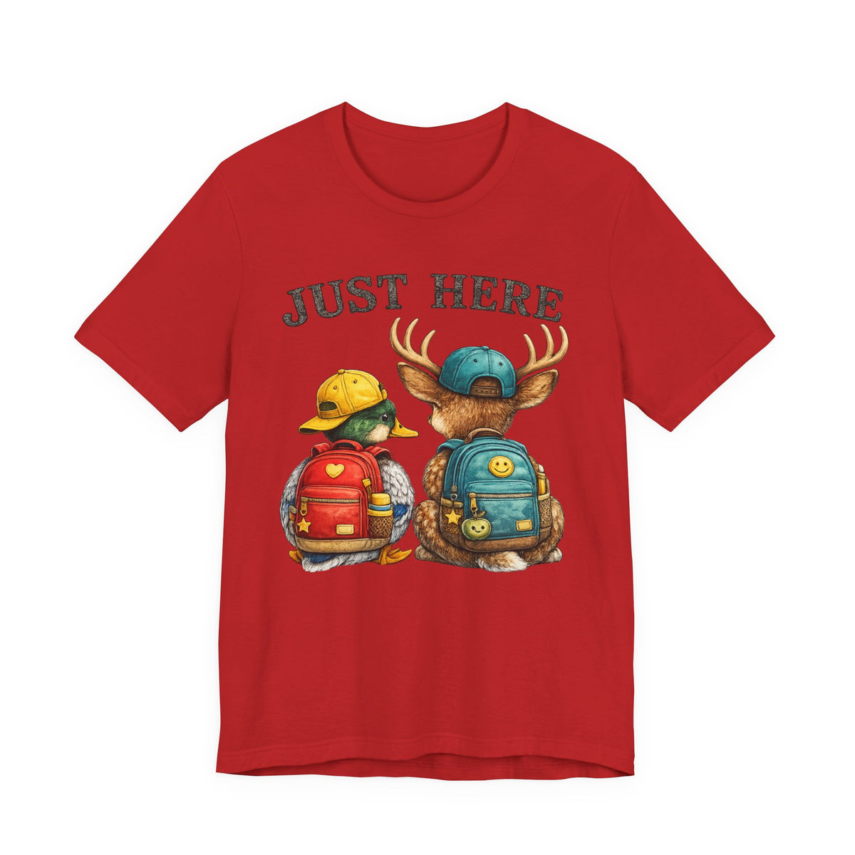Just Here Kids Backpack Tee — Cute Moose & Duck Friendship T‑Shirt