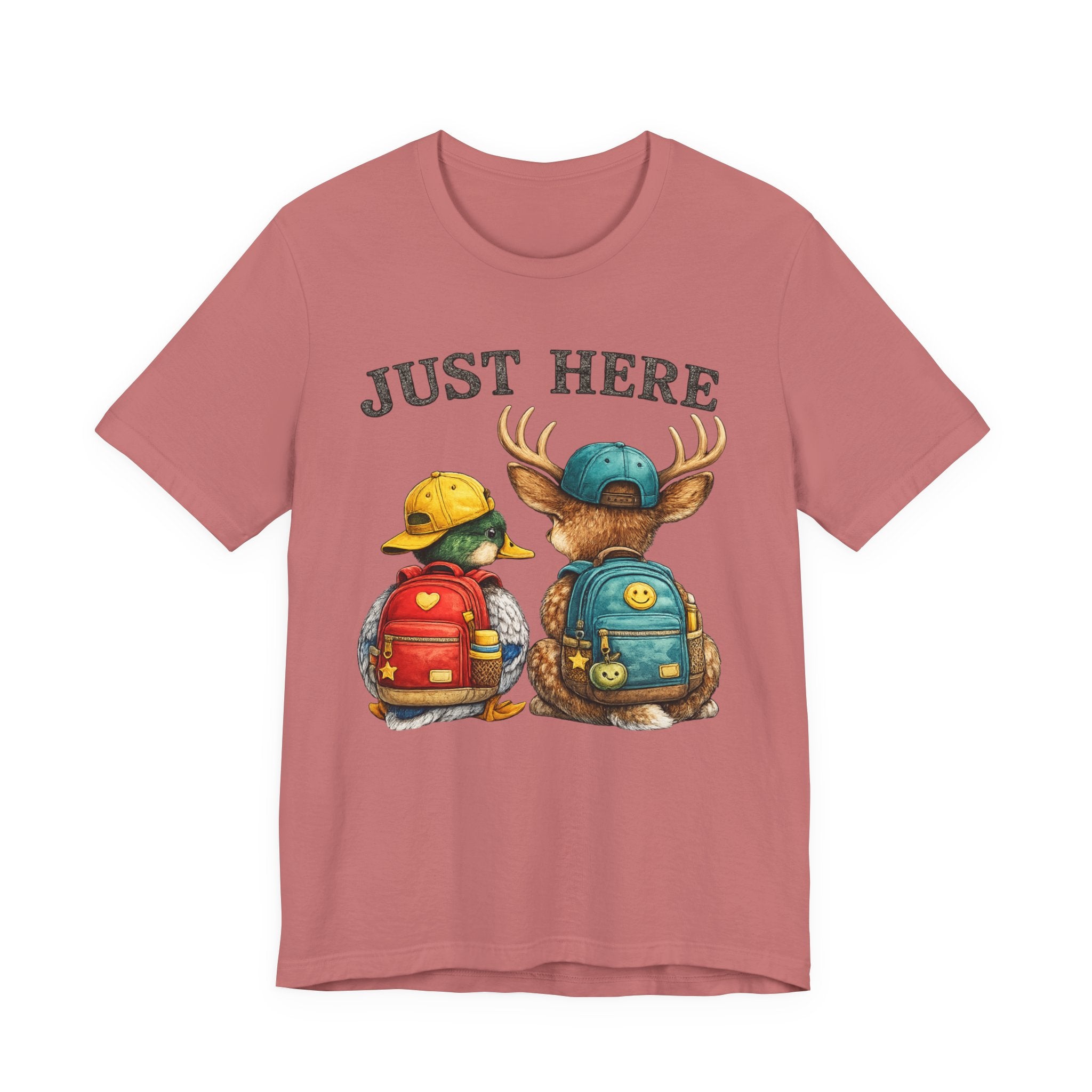 Just Here Kids Backpack Tee — Cute Moose & Duck Friendship T‑Shirt