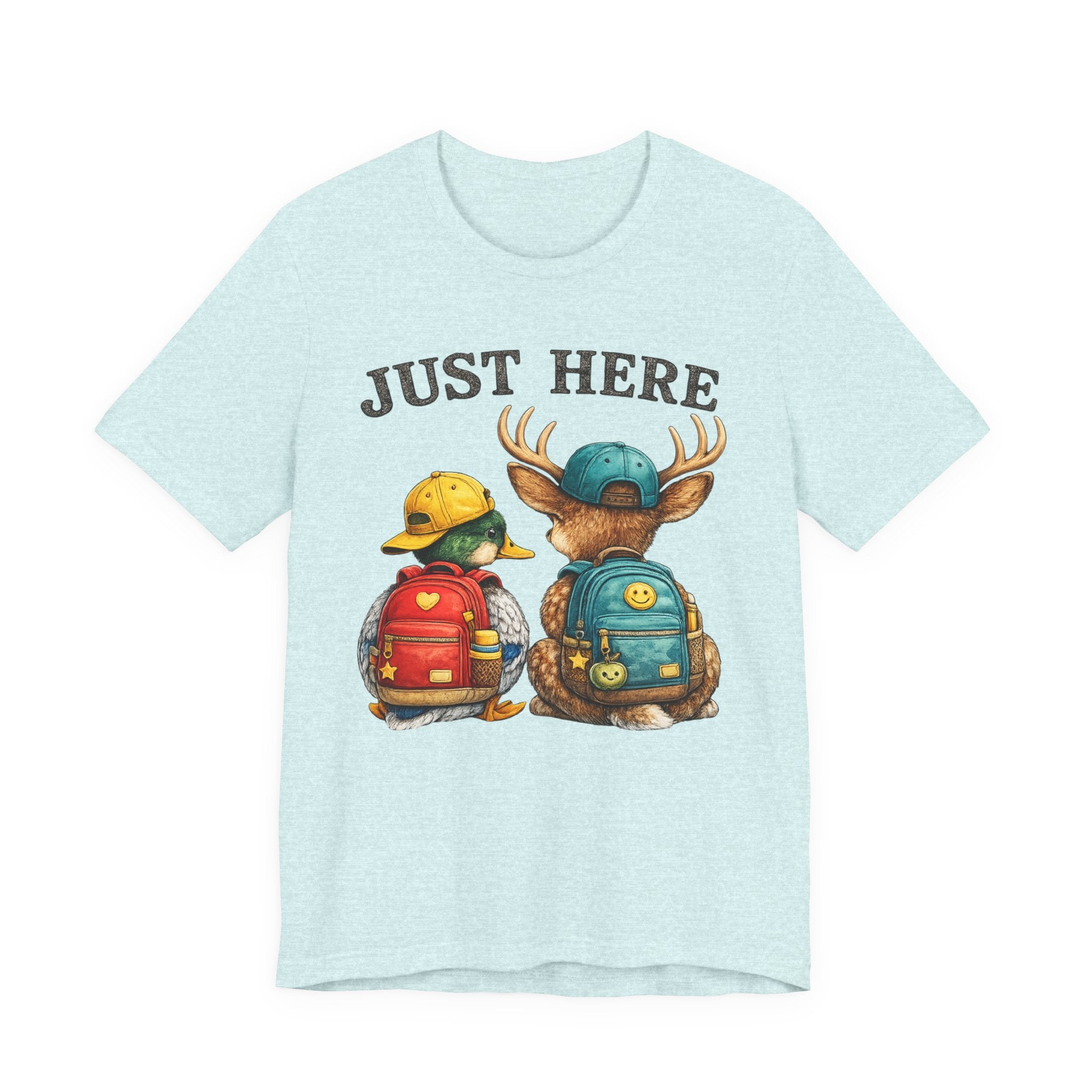 Just Here Kids Backpack Tee — Cute Moose & Duck Friendship T‑Shirt