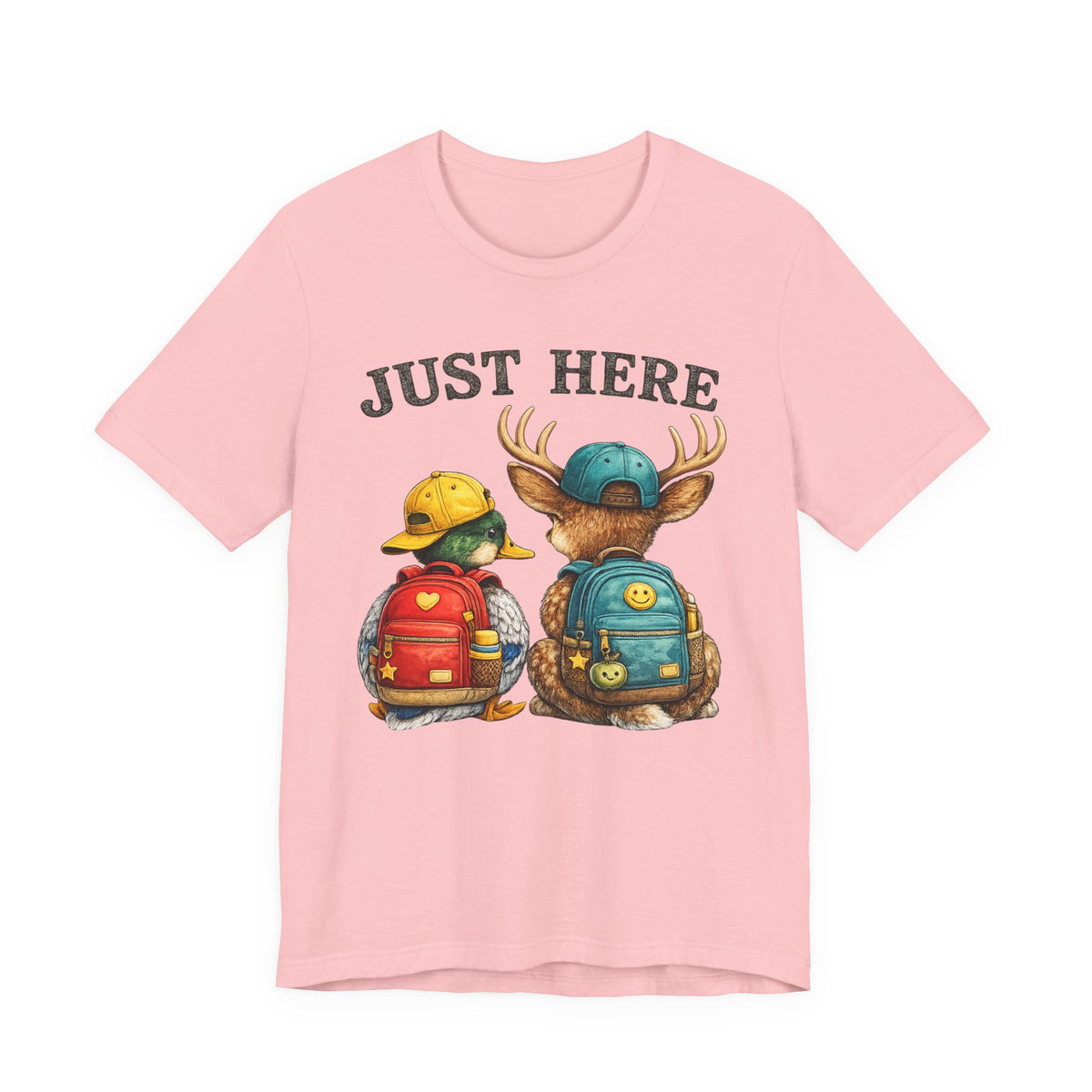 Just Here Kids Backpack Tee — Cute Moose & Duck Friendship T‑Shirt