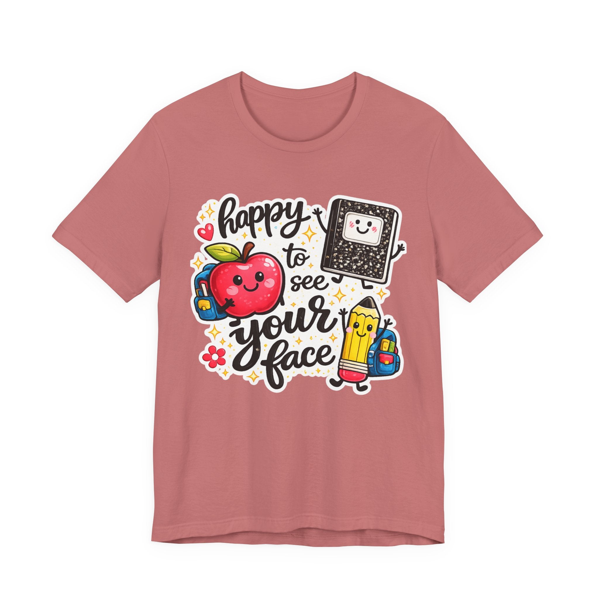 Happy to See Your Face Teacher T-Shirt — Cute School Apple & Pencil Back-to-School Tee