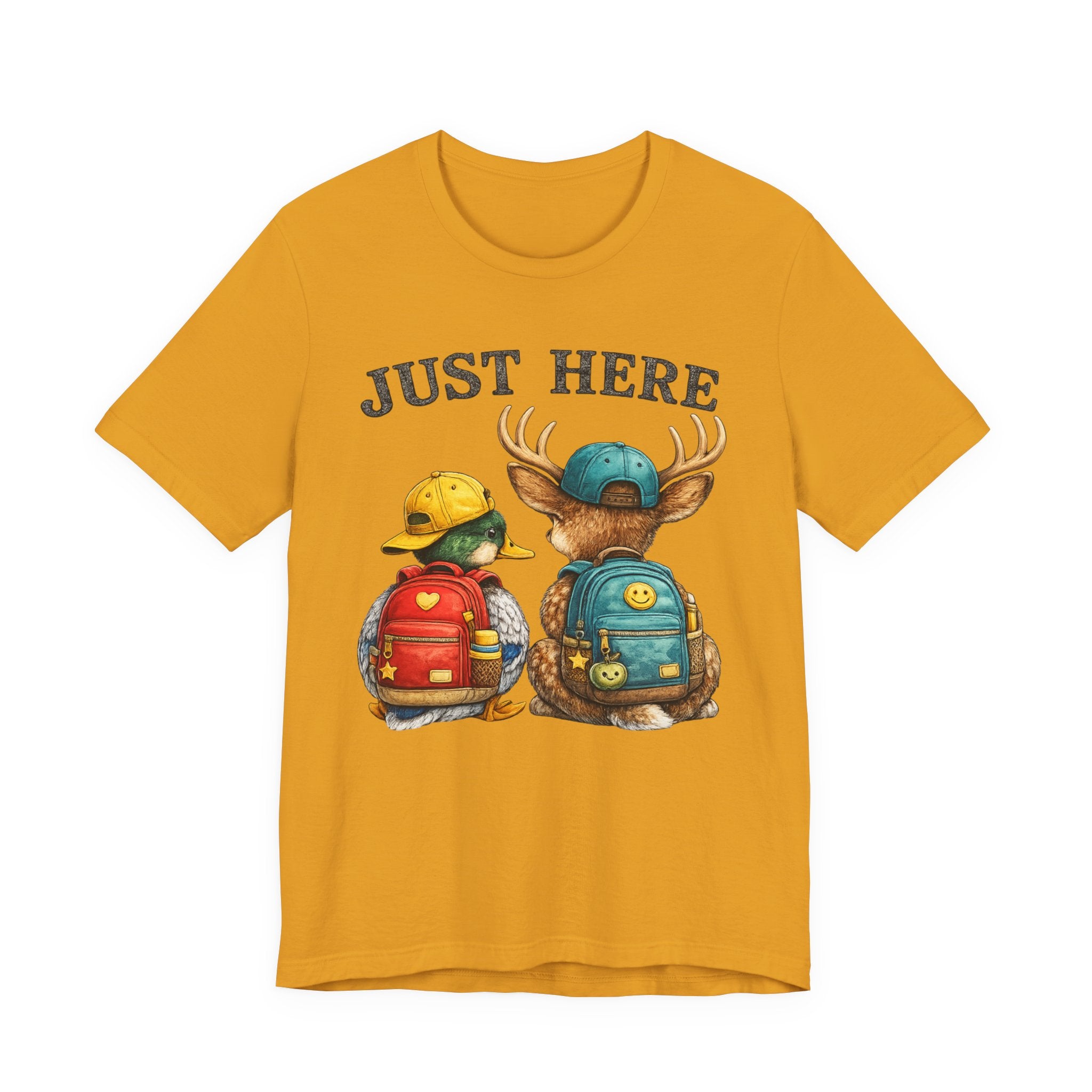 Just Here Kids Backpack Tee — Cute Moose & Duck Friendship T‑Shirt