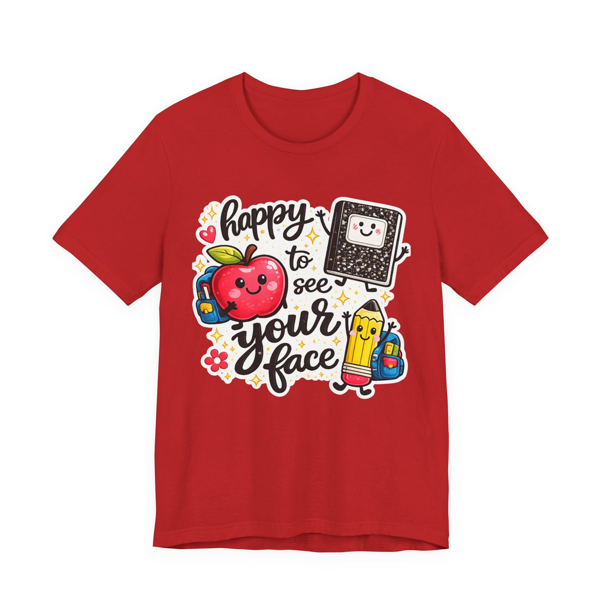 Happy to See Your Face Teacher T-Shirt — Cute School Apple & Pencil Back-to-School Tee