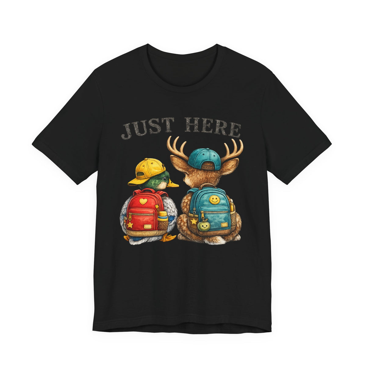 Just Here Kids Backpack Tee — Cute Moose & Duck Friendship T‑Shirt